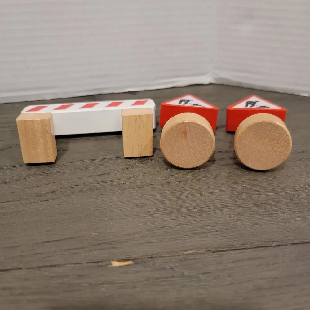 Wooden Train Construction Signs and Traffic Cone, Road Sign 4 pc Toy